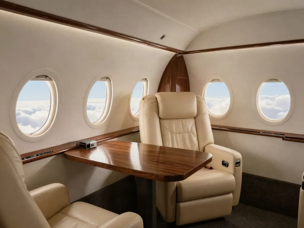 Cream leather seats and walnut table inside a private jet cabin
